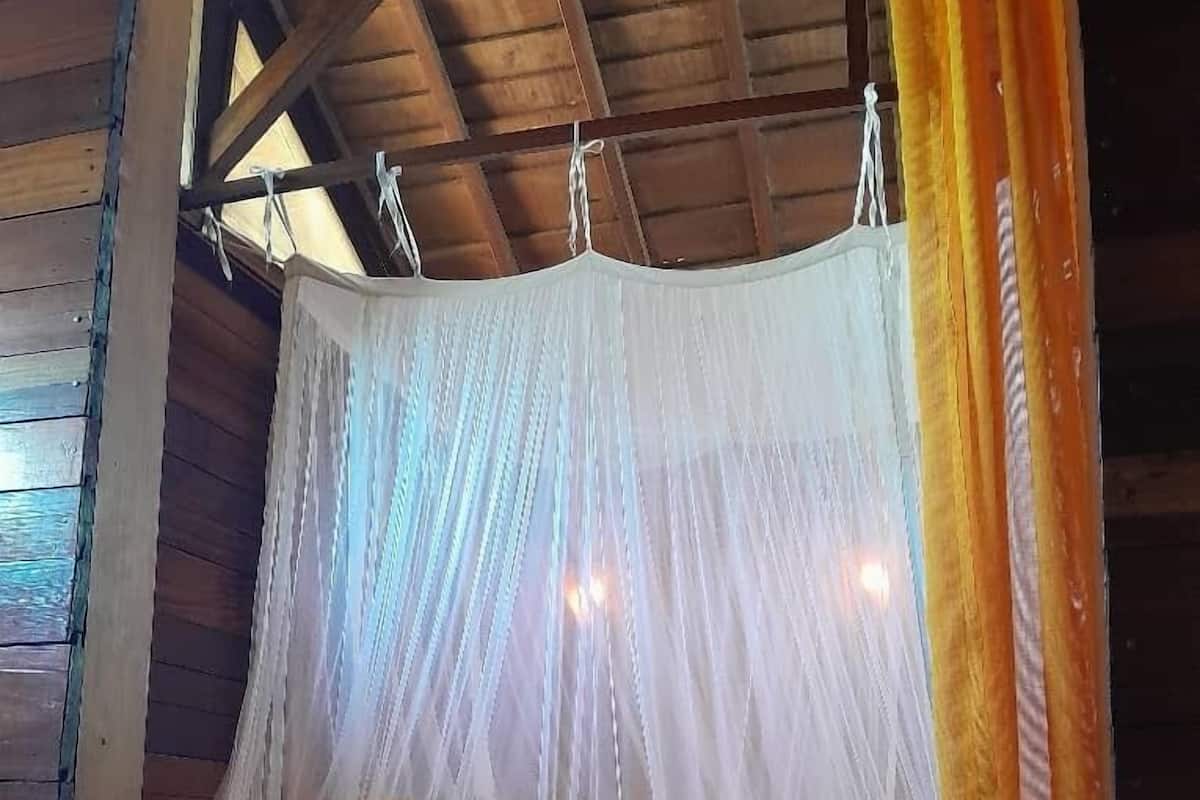 Ein Zimmer mit Holzboden und einem Bett unter einem weißen Baldachin.