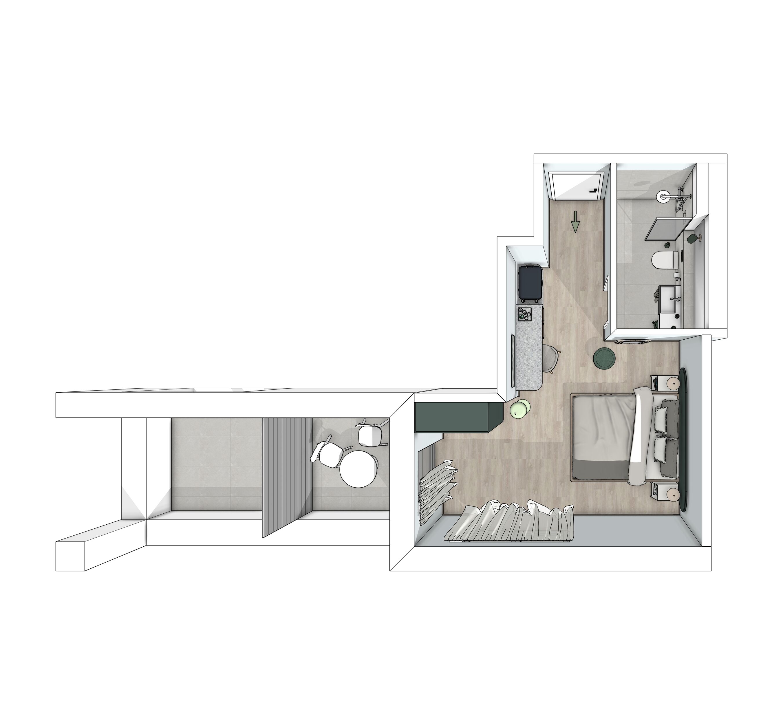Distribución moderna de un apartamento con cocina, comedor y sala de estar.