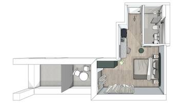 Distribución moderna de un apartamento con cocina, comedor y sala de estar.