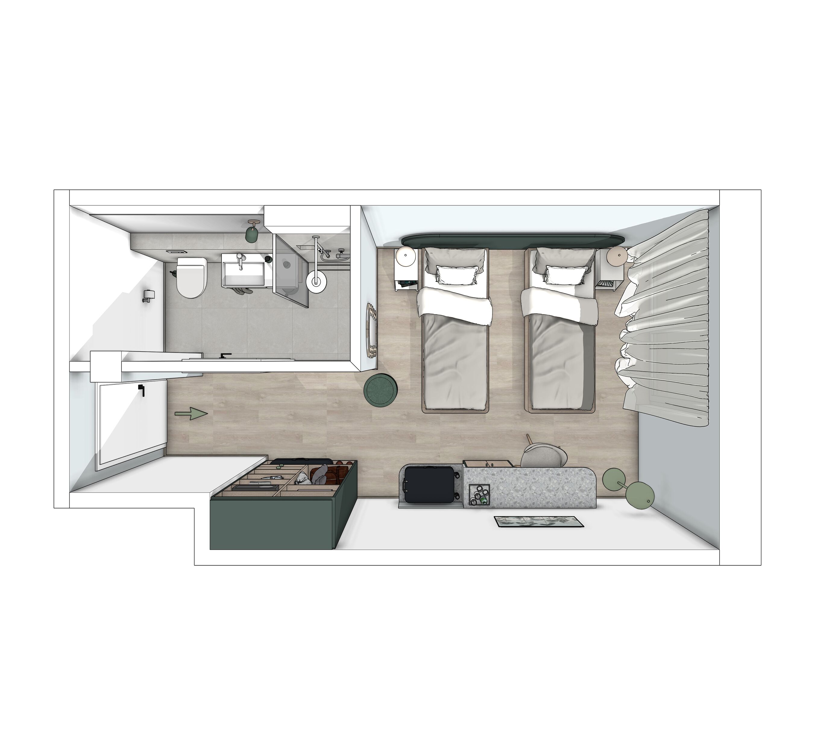 Une chambre avec deux lits, une salle de bain et une petite cuisine.
