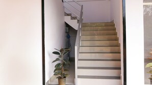 A staircase with a modern design, a potted plant, and a wall-mounted light fixture.
