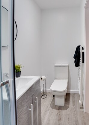 Regadera, toallas, jabón, papel de baño 