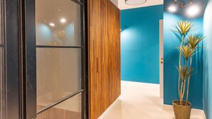 A hallway with a wooden panel wall, a blue accent wall, and a potted plant.
