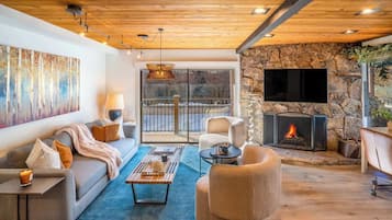 Smart TV, fireplace, books, stereo