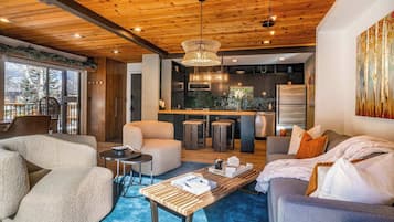 Smart TV, fireplace, books, stereo