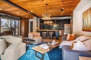 Smart TV, chimenea, libros y estéreo 