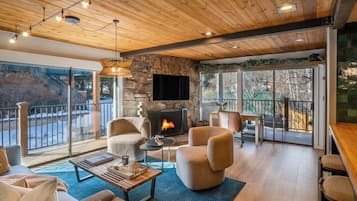 Smart-TV, Kamin, Bücher, Stereoanlage