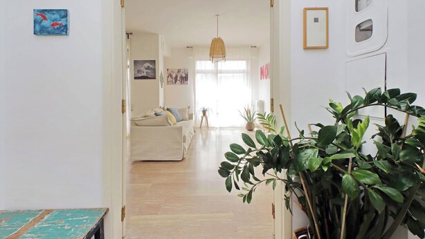 Ein Flur, der in ein Wohnzimmer mit einer Couch, einer Pendelleuchte und einer großen Pflanze führt.