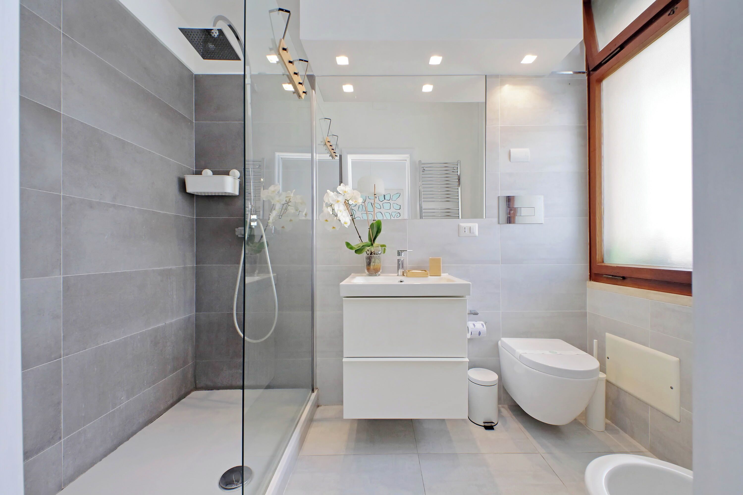 Appartement | Badkamer | Een douche, gratis toiletartikelen, een haardroger, handdoeken