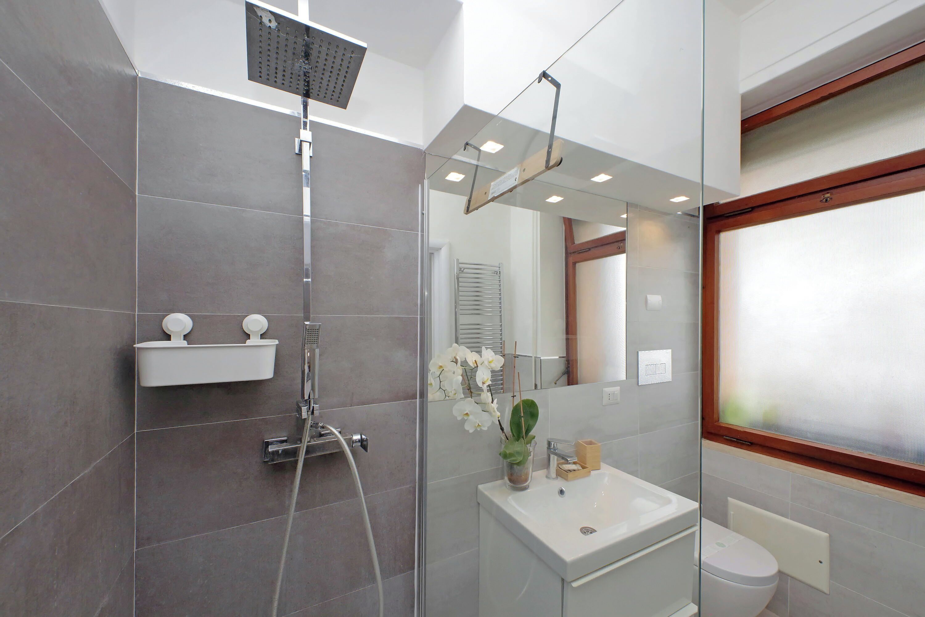 A modern bathroom with a glass shower enclosure, a white sink, and a toilet.