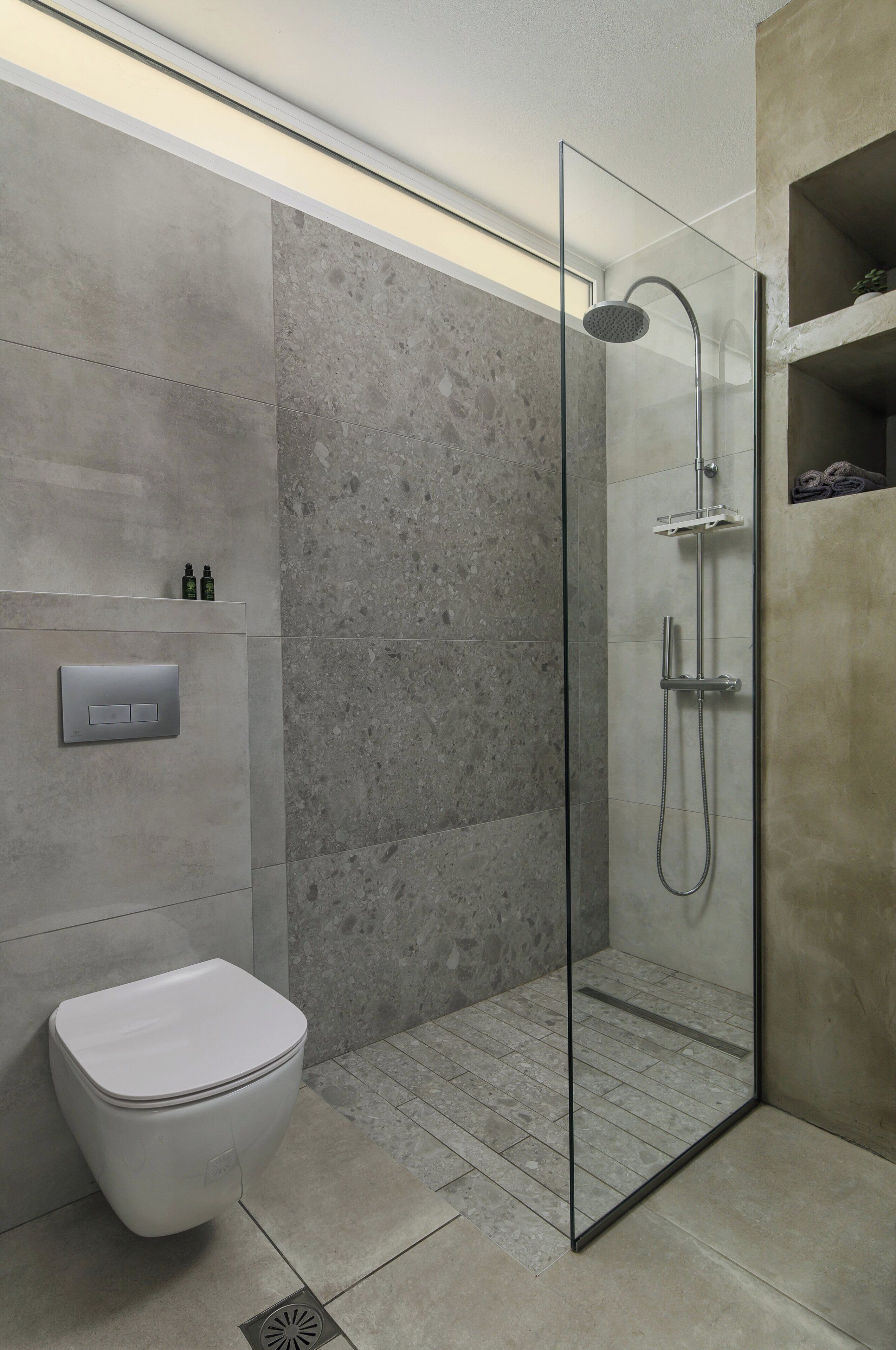A modern bathroom with a glass-enclosed shower, a toilet, and a shelf with toiletries.