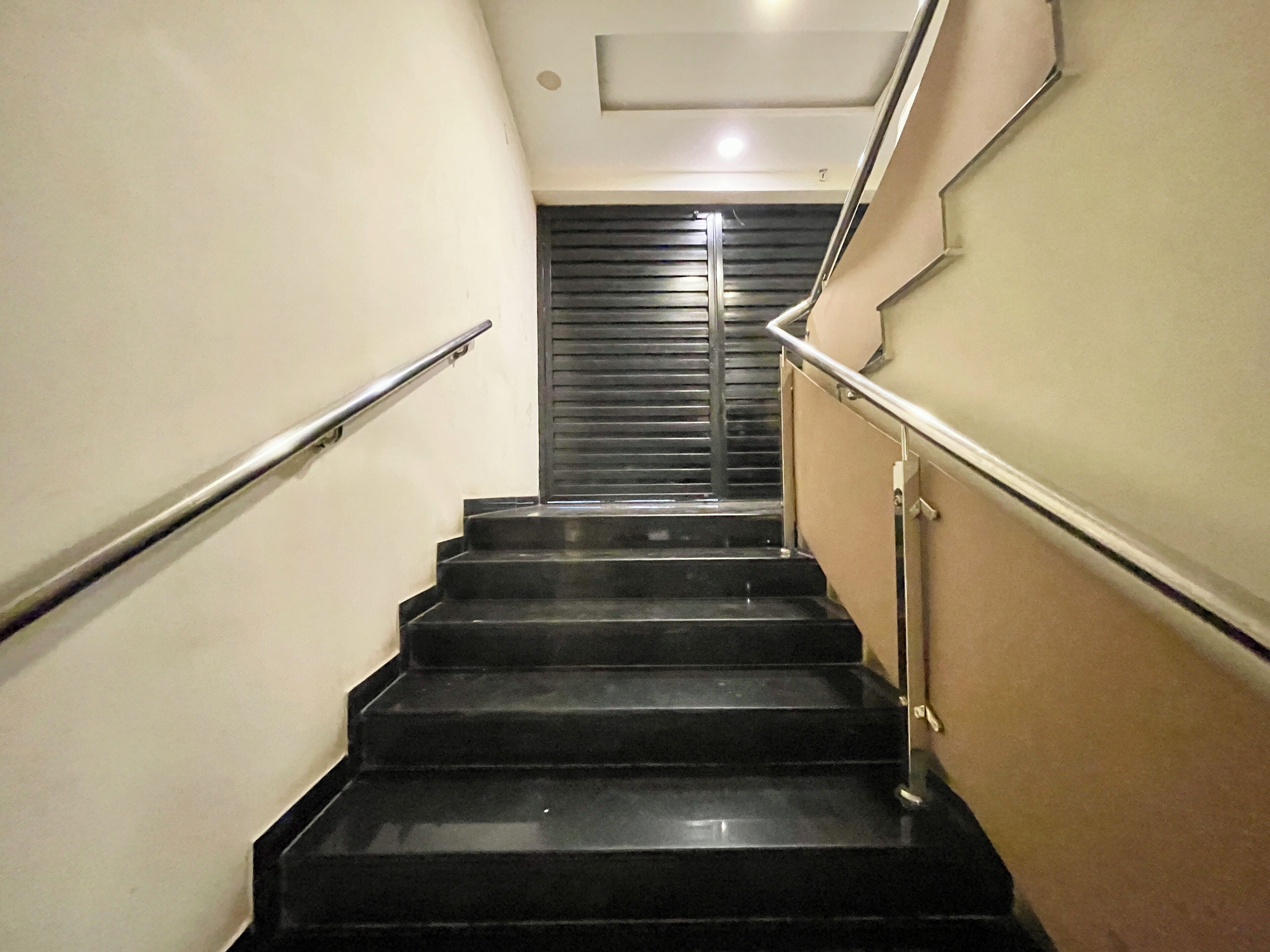 Un escalier en marbre noir, agrémenté de rampes métalliques, mène à un palier où se trouve une porte.