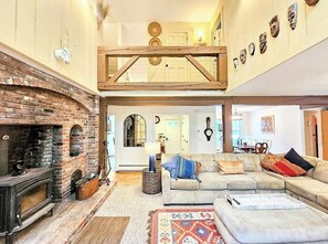 Smart TV, fireplace, books