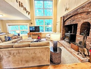 Smart TV, fireplace, books
