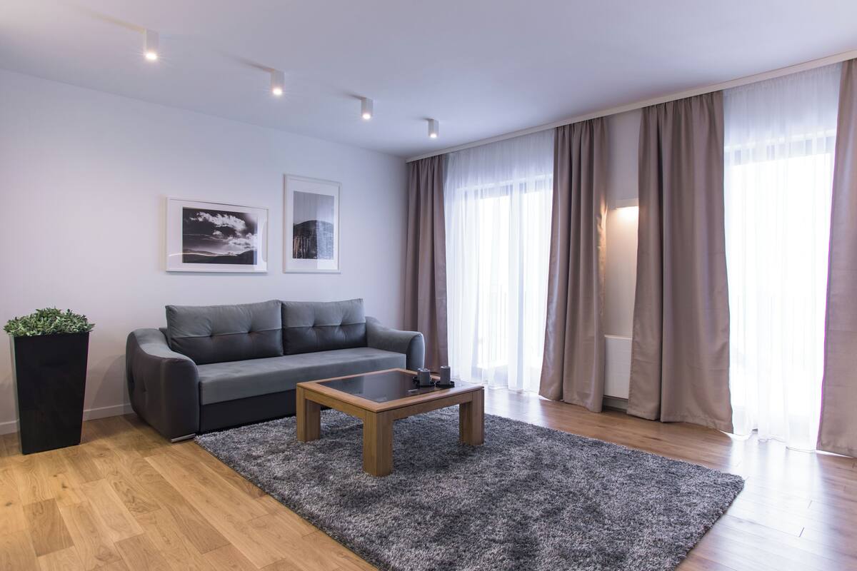 Una sala de estar moderna con un sofá gris, una mesa de centro de madera y una alfombra gris. Hay dos cuadros enmarcados en la pared, una planta en maceta y una ventana con cortinas.