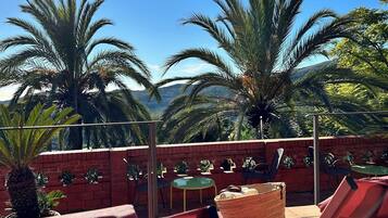 Une terrasse sur le toit agrémentée de palmiers, d’un mur en briques et de sièges d’extérieur.