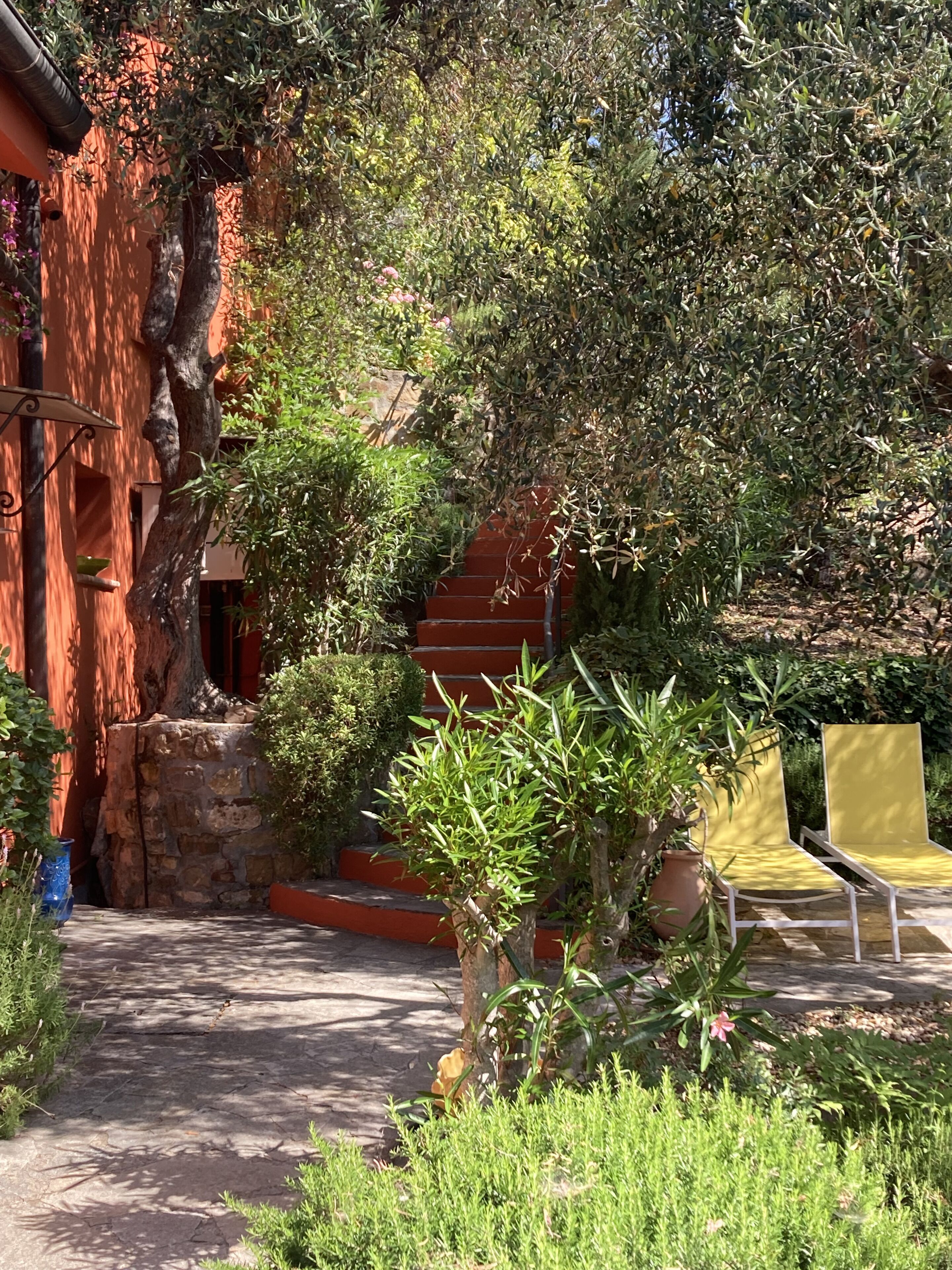 A stone pathway leading to a red building with a tree and a yellow chair in the foreground.