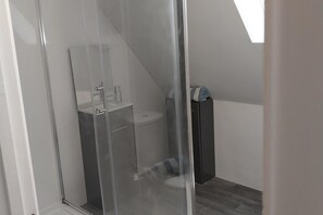 Ducha, secador de pelo, toallas y papel higiénico