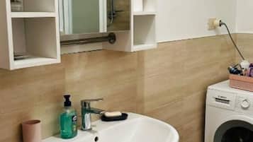 Shower, hair dryer, bidet, towels