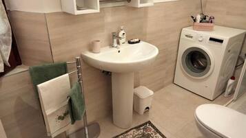 Shower, hair dryer, bidet, towels