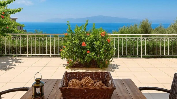 Une table en bois, sur laquelle reposent un panier en osier et une lanterne, est placée sur un balcon offrant une vue sur la mer et les montagnes.