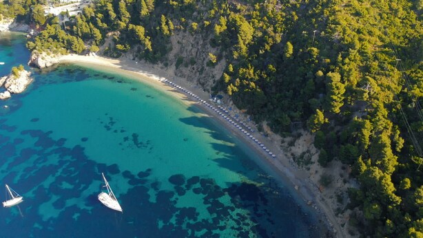 An aerial view of a coastal area with a beach, boats, and dense forest. - Persephone Seaview Room - Ariadne Skopelos Getaway (Skopelos)