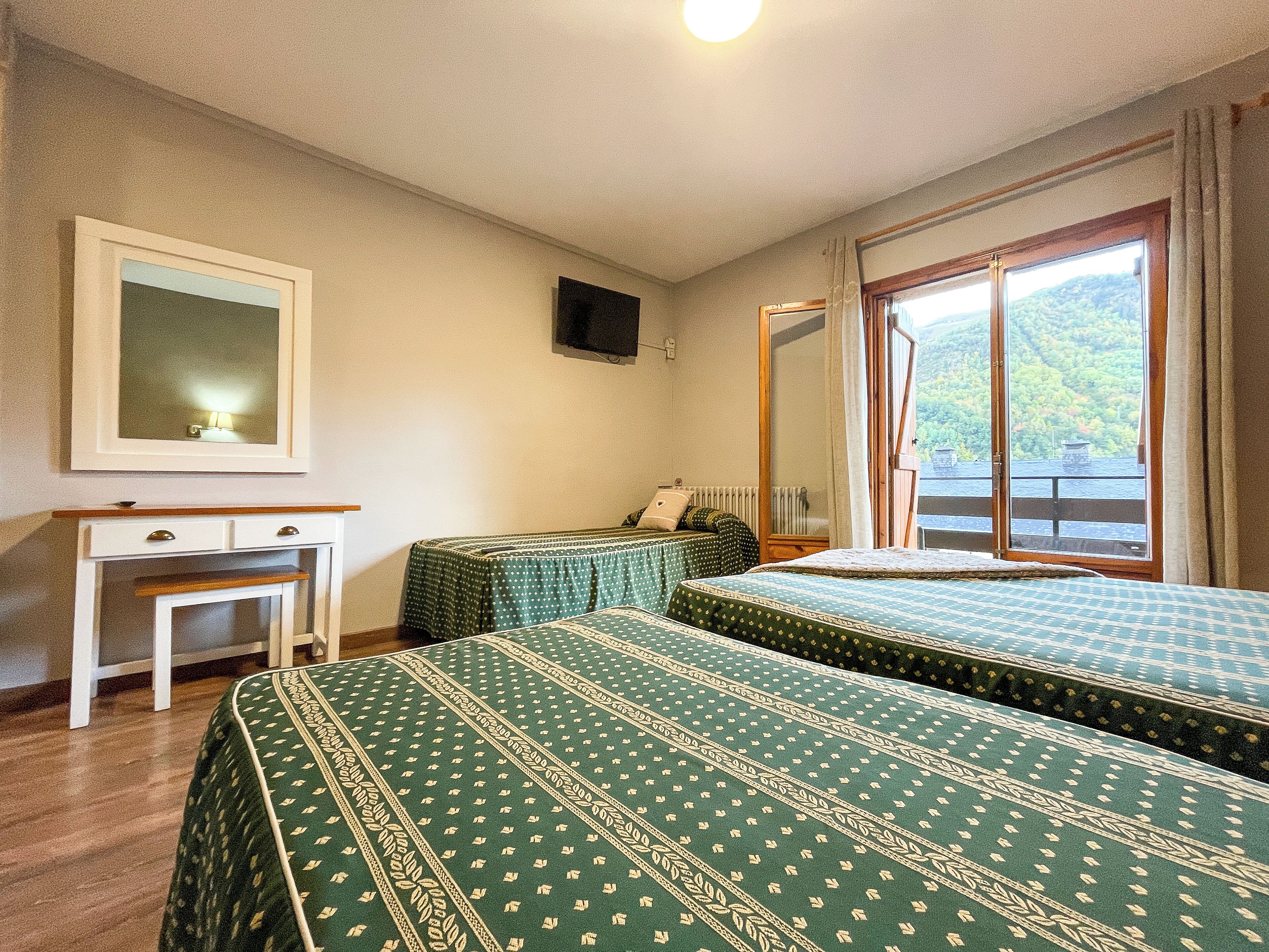 Een kamer met twee bedden, een bureau, een spiegel en een raam met uitzicht op een bos.