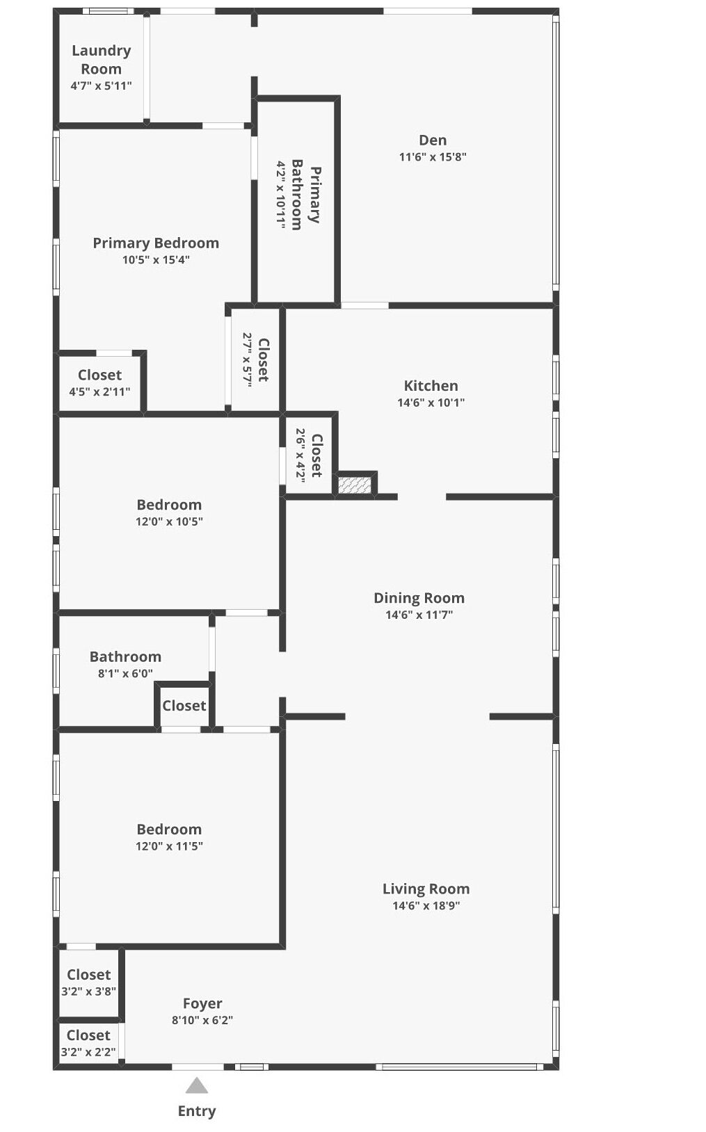 A floor plan with a laundry room, primary bedroom, closet, bathroom, dining room, living room, foyer, and entry.
