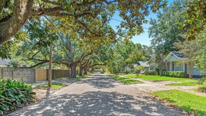 A residential street lined with houses, a wooden fence, and trees.