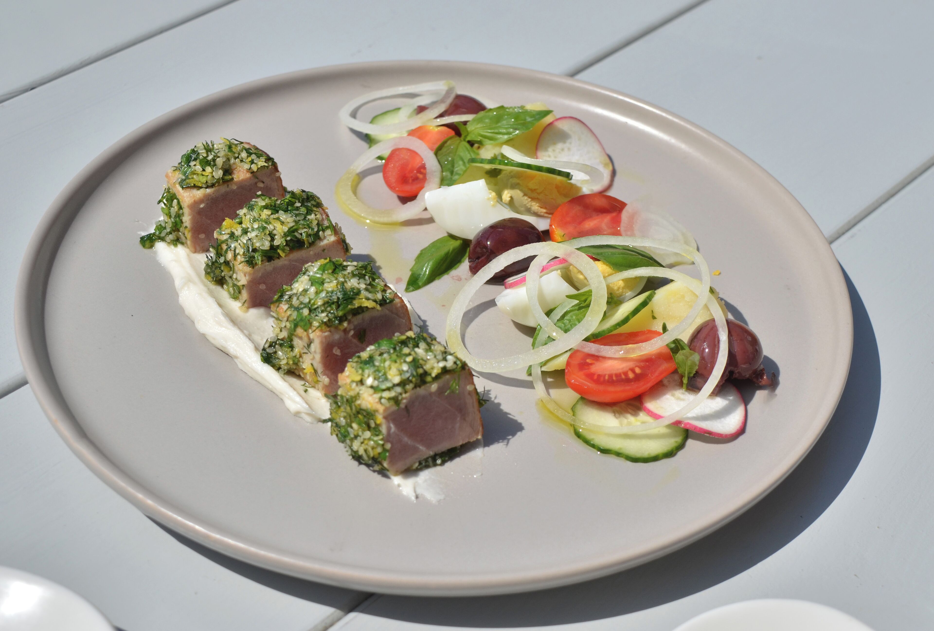 Une assiette contenant un plat de poisson garni d’un mélange d’herbes vertes, accompagné d’une salade composée de tomates, de concombres et d’oignons.