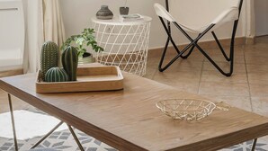 Une pièce comprenant une table en bois, une chaise blanche, un cactus et une petite table d’appoint blanche agrémentée d’objets décoratifs.