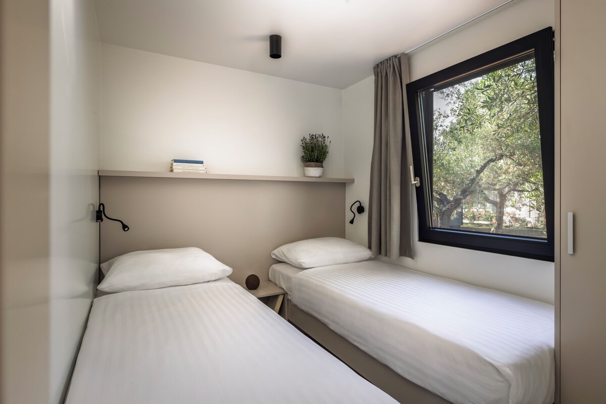 Une chambre avec deux lits simples, une table de chevet, une étagère avec une plante et une fenêtre donnant sur des arbres.
