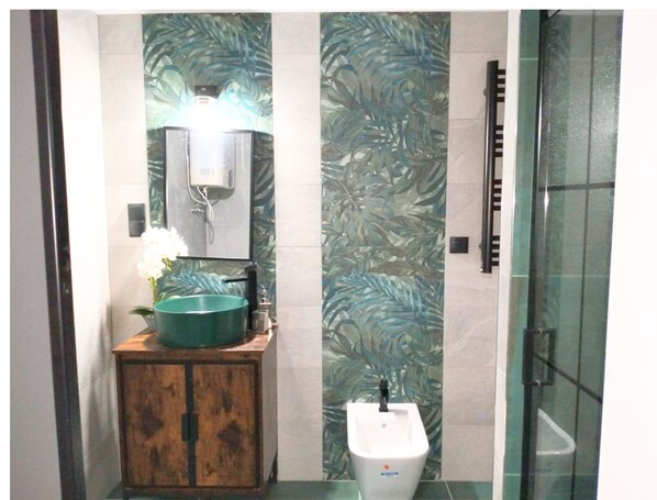 Douche, séchoir à cheveux, bidet, serviettes fournies