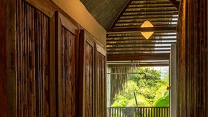 A stone-tiled hallway leading to a wooden door with a view of a lush garden outside. - Birds Eye View  (Armenia)