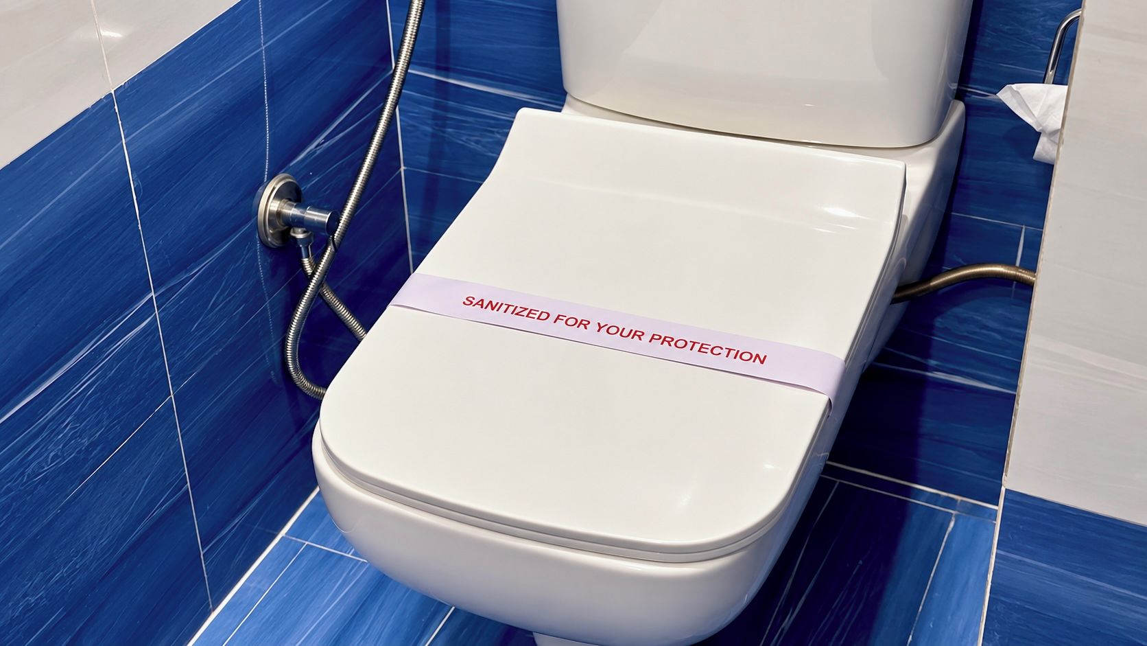 A toilet with a 'SANITIZED FOR YOUR PROTECTION' label, a shower hose, and blue tiled walls.