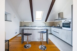 Fridge, oven, electric kettle, toaster