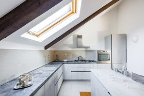 Fridge, oven, electric kettle, toaster