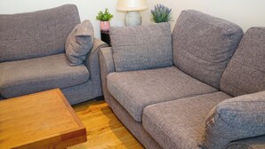 A living room with two grey sofas, a wooden coffee table, a lamp, and two potted plants.