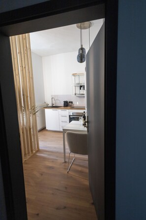 Fridge, oven, stovetop, coffee/tea maker