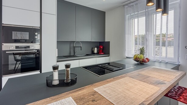 A modern kitchen with a built-in oven, a stovetop, and a large window with a view. - Peaceful Blooming Villa With Pool (Rovinj)