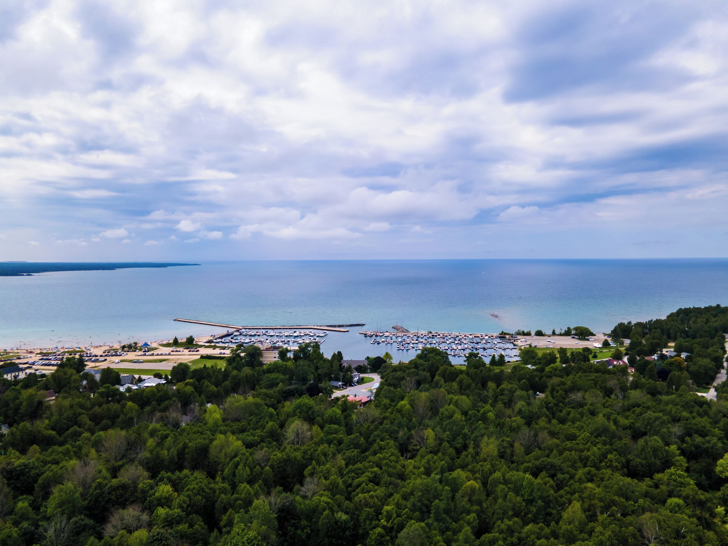A coastal area with a marina, beach, and dense forest.
