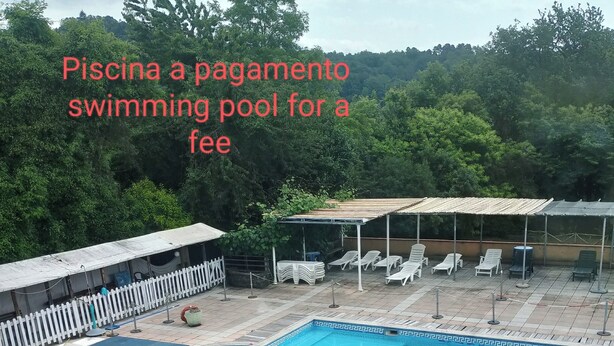 En swimmingpool med ett vitt staket, solstolar och en överbyggd sittplats.