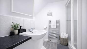 Shower, hair dryer, towels, soap
