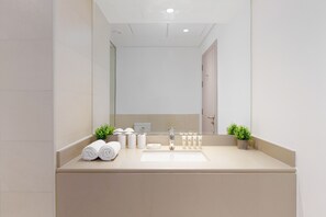 Shower, hair dryer, bidet, towels