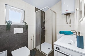 Ducha, secador de pelo, toallas, papel higiénico