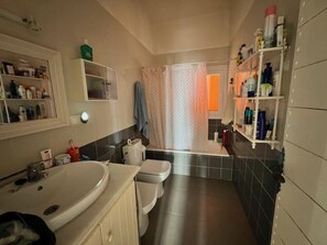 Bathroom features a sink, toilet, and bathtub, along with a shelf for toiletries and a towel rack.