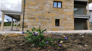 A stone building with a balcony, a small window, and a garden with purple flowers. - R3 Service Casa do Pomar (Vouzela)