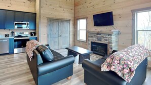 A modern log cabin with a kitchen, a fireplace, a TV, and two sofas.
