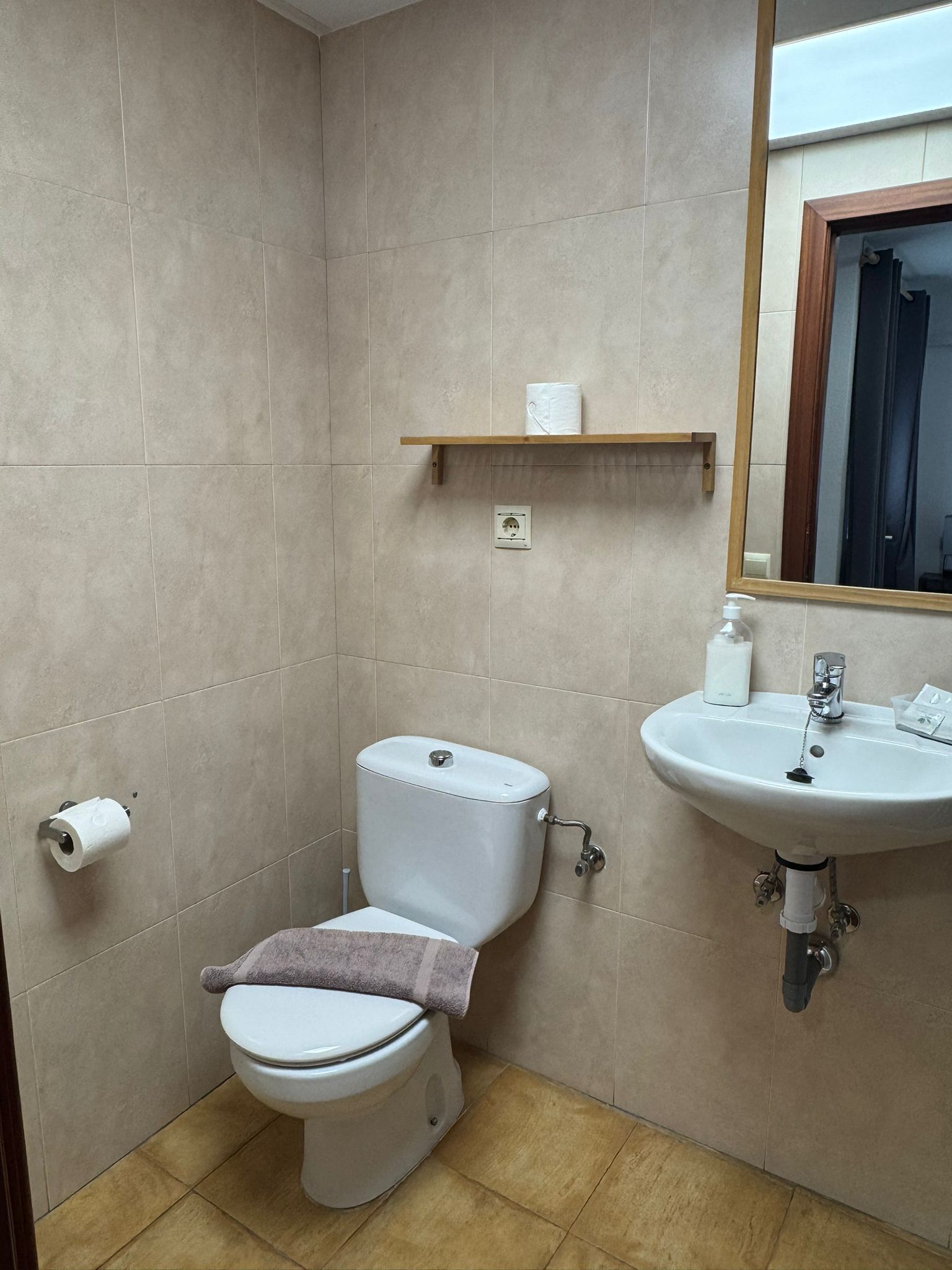 A bathroom with a toilet, sink, and mirror.