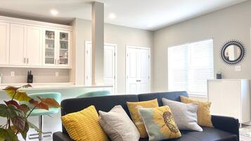 Smart TV, fireplace, table football, books